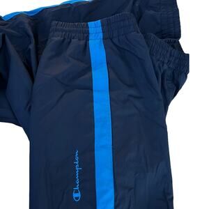 VTG 90s Y2K Champion Boys XL Navy Blue Track Pants Script Logo Lined Retro